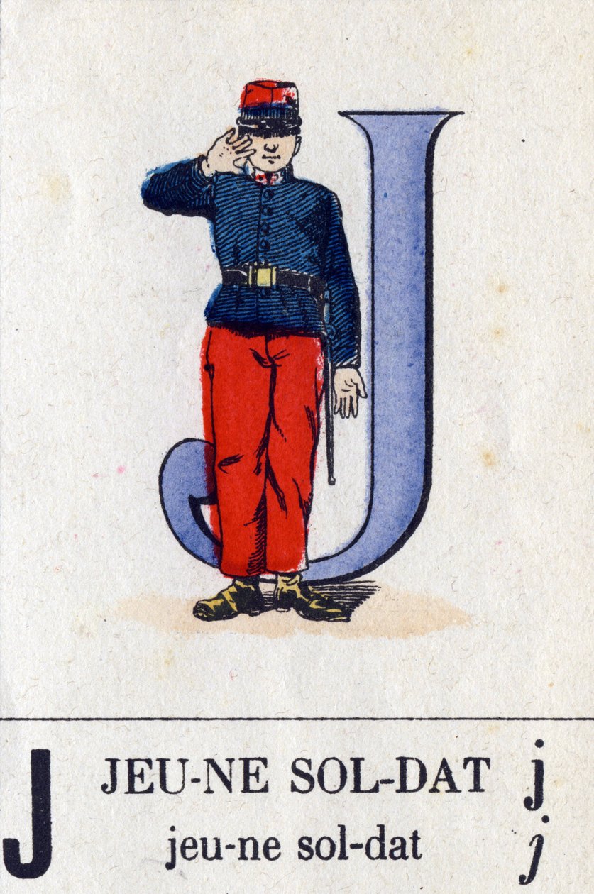 J-kirjain nuorena sotilaana. Sotilaallinen aakkoset. Kuvaus Epinalista, noin 1870-1880. Stensiiliväriset puupiirrokset tekijältä French School