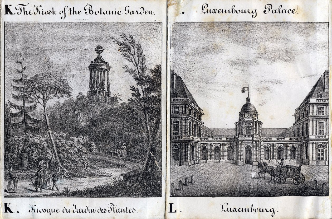 Kirjain K Jardin des Plantesin ja L Palais du Luxembourgin kioski - "Alphabet Picturesque des Monumens de Paris" n. 1840 (kaiverrus) tekijältä French School