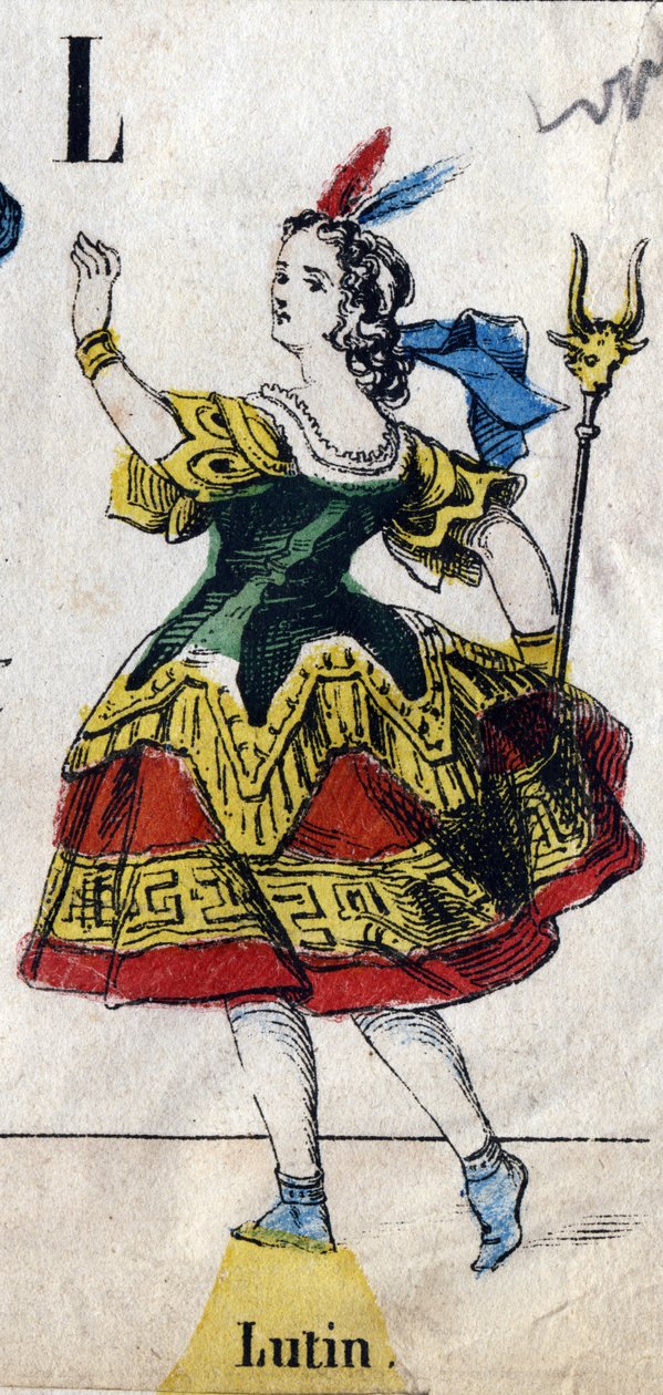 L-kirjain: Leprechaun. Kaiverrus "Alphabet-naamio". Uusi Epinal kuvantaminen. Painatus-litografia Pinot et Sagaire, toimittajat, Epinal, 1800-luvun toinen puoli. Kilpi Ná 491, jossa 25 valaistua kirjainta. Mitat: 40,5 x 28 cm tekijältä French School