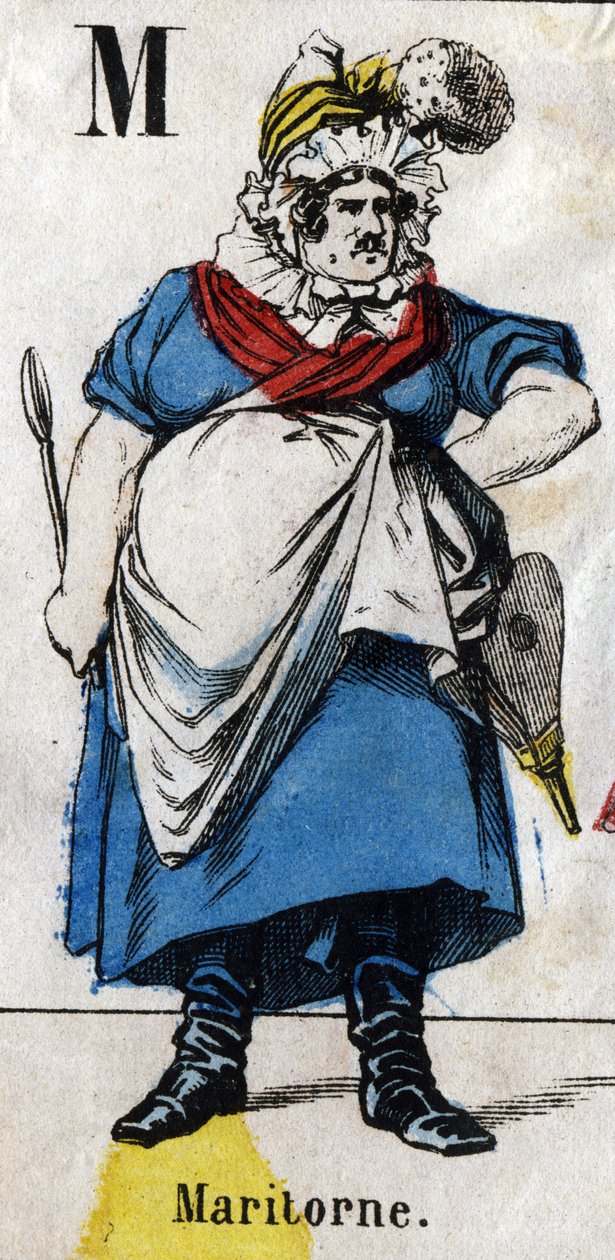 M-kirjain: Maritorne. Kaiverrus "Alphabet-naamio". Uusi Epinal kuvantaminen. Painatus-litografia Pinot et Sagaire, toimittajat, Epinal, 1800-luvun toinen puoli. Kilpi Ná 491, jossa 25 valaistua kirjainta. Mitat: 40,5 x 28 cm tekijältä French School