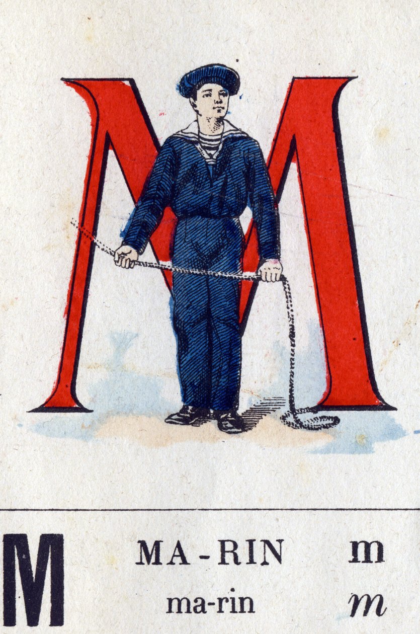 M-kirjain Marinina. Sotilaallinen aakkoset. Kuvaus Epinalista, noin 1870-1880. Stensiiliväriset puupiirrokset tekijältä French School