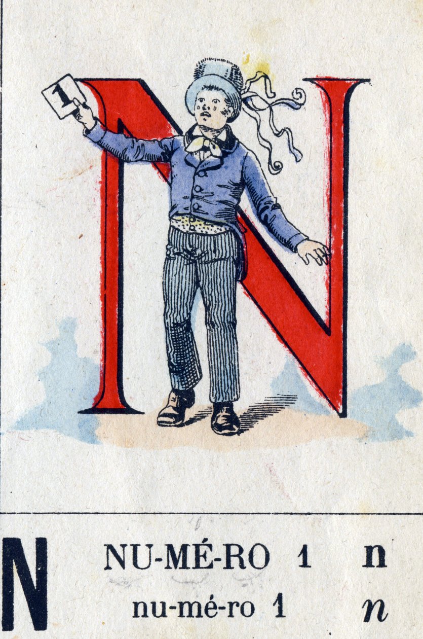 Kirjain N numerona 1. Sotilaaaakkoset . Kuvaus Epinalista, noin 1870-1880. Stensiiliväriset puupiirrokset tekijältä French School