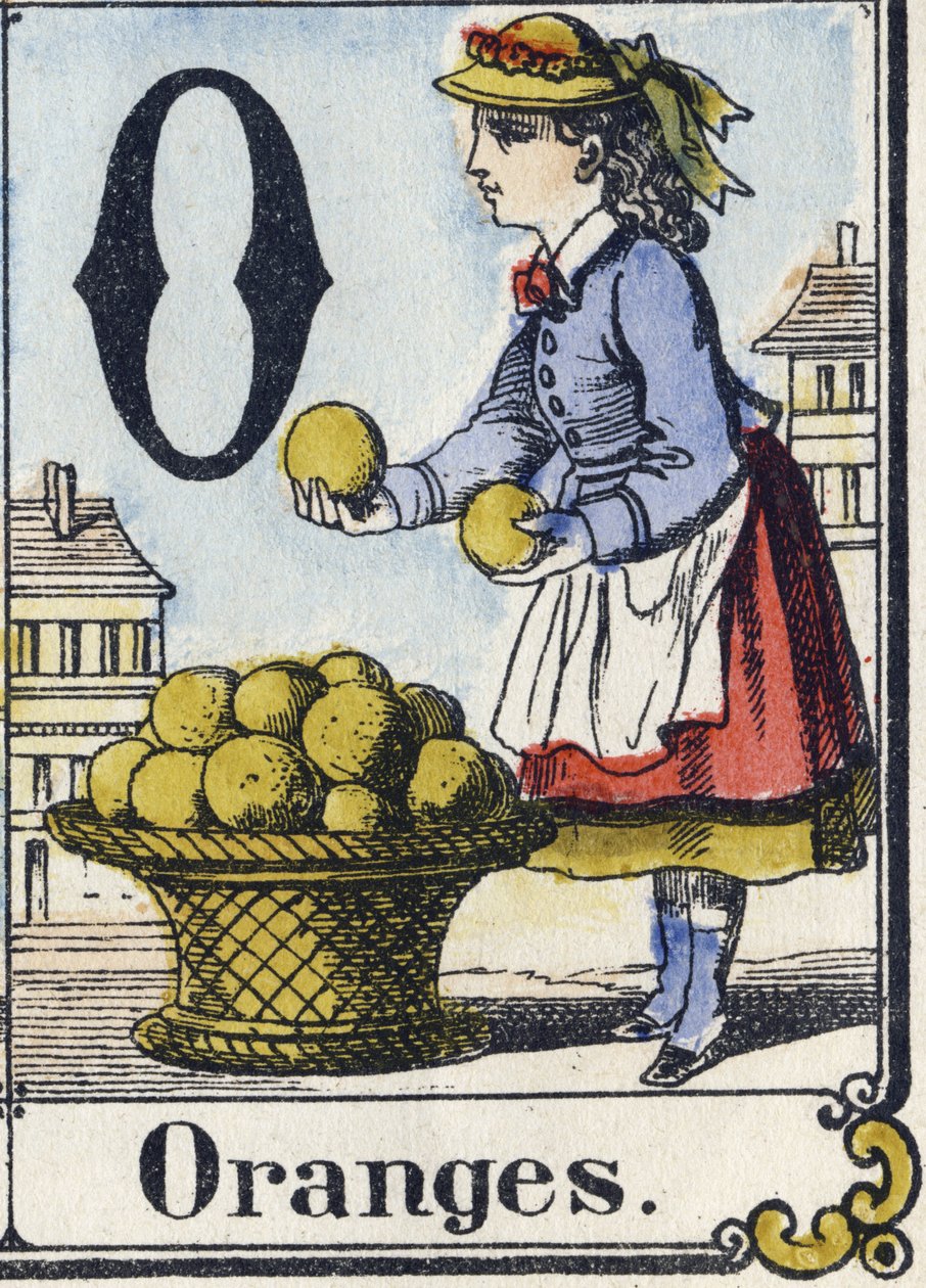 O-kirjain: Appelsiinit. Luova aakkoset. Epinaalinen kuvantaminen. Stenciloidut puukaiverrukset, n. 1880. Pieni vihko, 16 sivua tekijältä French School