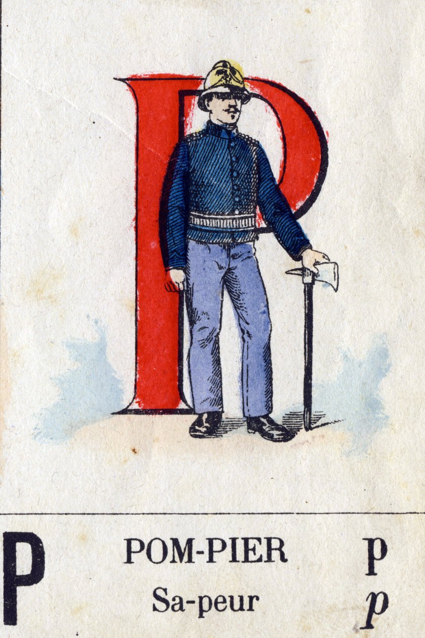 P-kirjain palomiehenä. Sotilaallinen aakkoset. Kuvaus Epinalista, noin 1870-1880. Stensiiliväriset puupiirrokset tekijältä French School