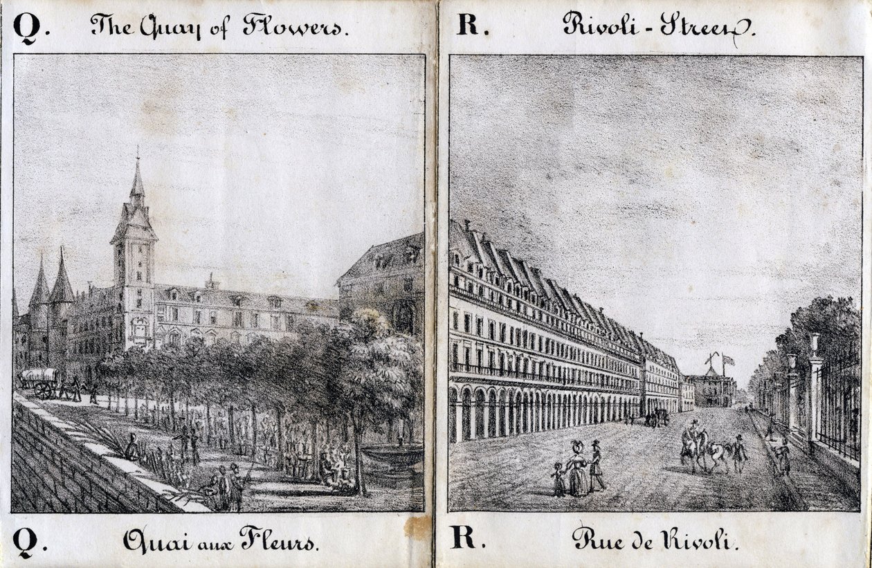 Kirje Q ja A: Alphabet Picturesque des Monumens de Paris" n.1840 (kaiverrus). tekijältä French School