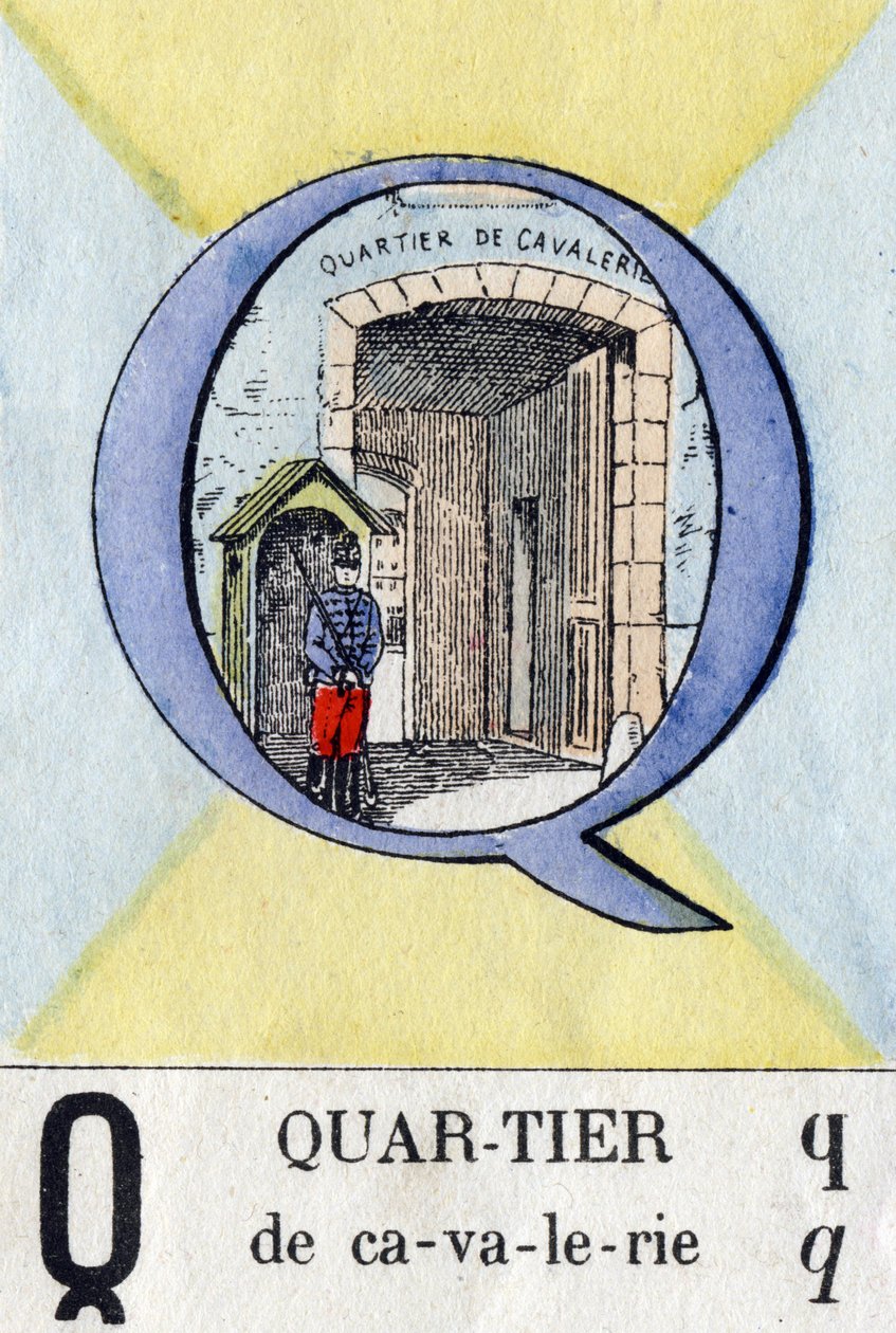 Q-kirjain naapurustossa. Sotilaallinen aakkoset. Kuvaus Epinalista, noin 1870-1880. Stensiiliväriset puupiirrokset tekijältä French School