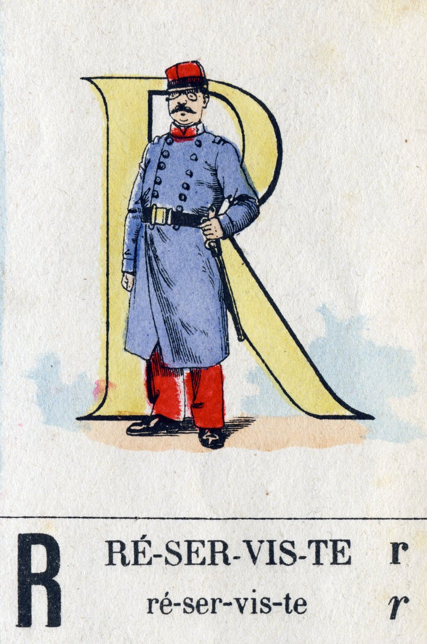 R-kirjain reserviläisenä. Sotilaallinen aakkoset. Kuvaus Epinalista, noin 1870-1880. Stensiiliväriset puupiirrokset tekijältä French School