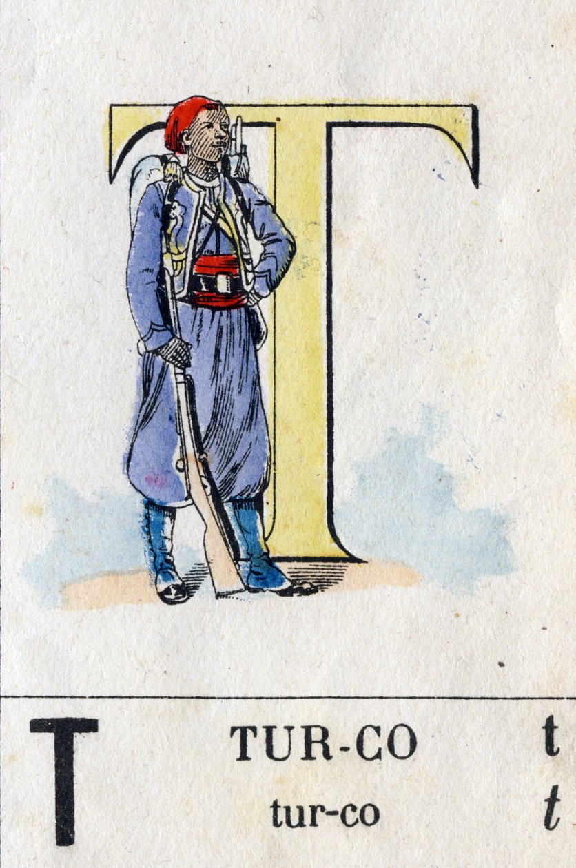 T-kirjain kuten turco. Sotilaallinen aakkoset. Kuvaus Epinalista, noin 1870-1880. Stenciloitu puukaiverrus tekijältä French School