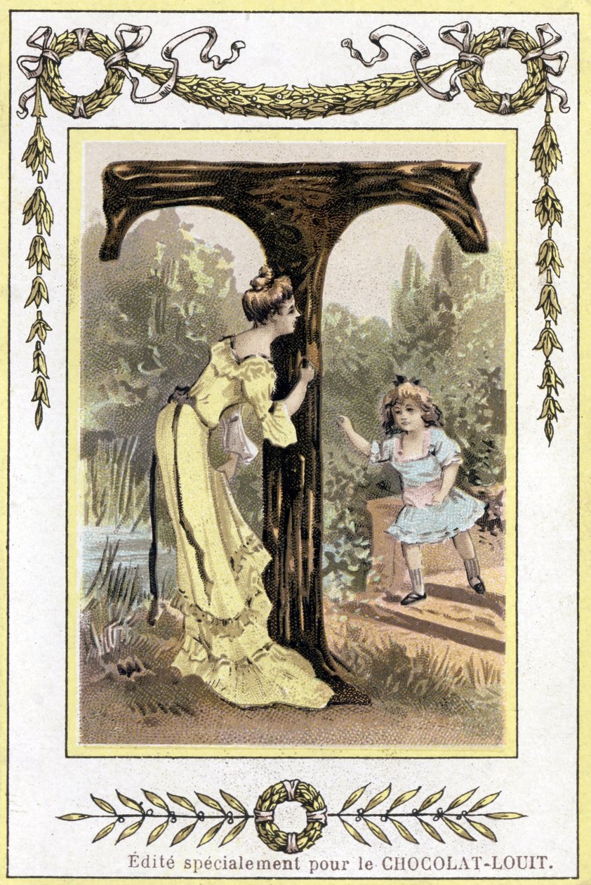 T-kirjain, joka edustaa äitiä ja hänen tytärtään leikkimässä piilosta, 1800-luvun loppu (kromolitografia) tekijältä French School