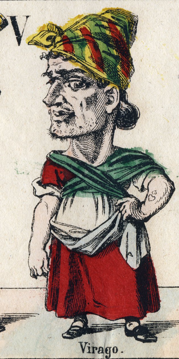 V-kirjain: Virago (Haljasti, isokokoinen tyttö tai nainen, jolla on miehen käytöstavat). Kaiverrus "" Sarjakuvaaakkosiin"". Uusi Epinal kuvantaminen. Litografia Pinot et Sagaire, toimittajat, 1860-1888. Kilpi nro 491, jossa 25 valaistua kirjainta. Himmeä: tekijältä French School