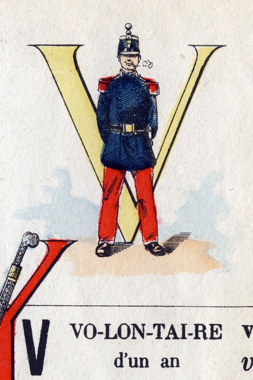 V-kirjain vapaaehtoisena. Sotilaallinen aakkoset. Kuvaus Epinalista, noin 1870-1880. Stensiiliväriset puupiirrokset tekijältä French School