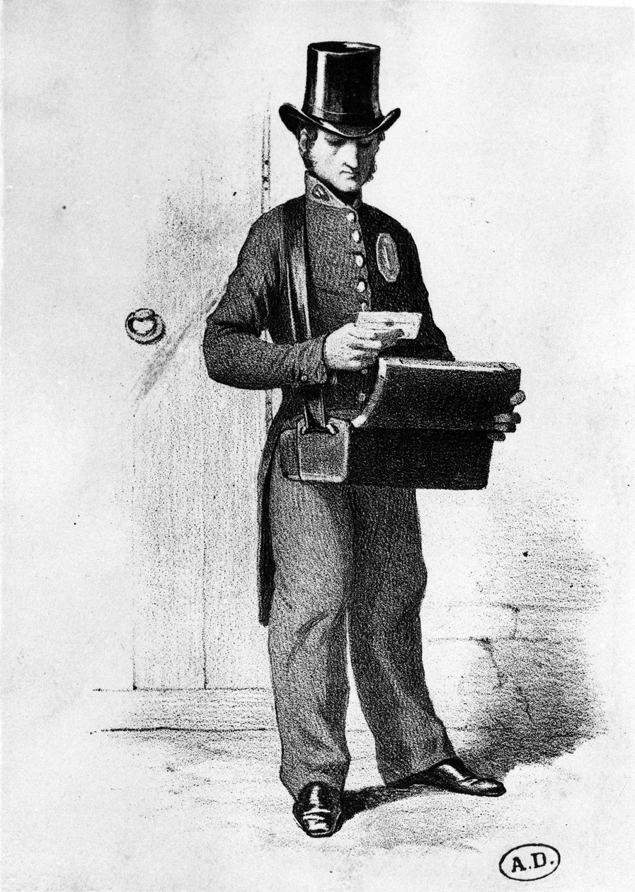 Kirjeen kantaja: postimies noin 1850 - kaiverrus, Raamattu. des Arts deco. tekijältä French School