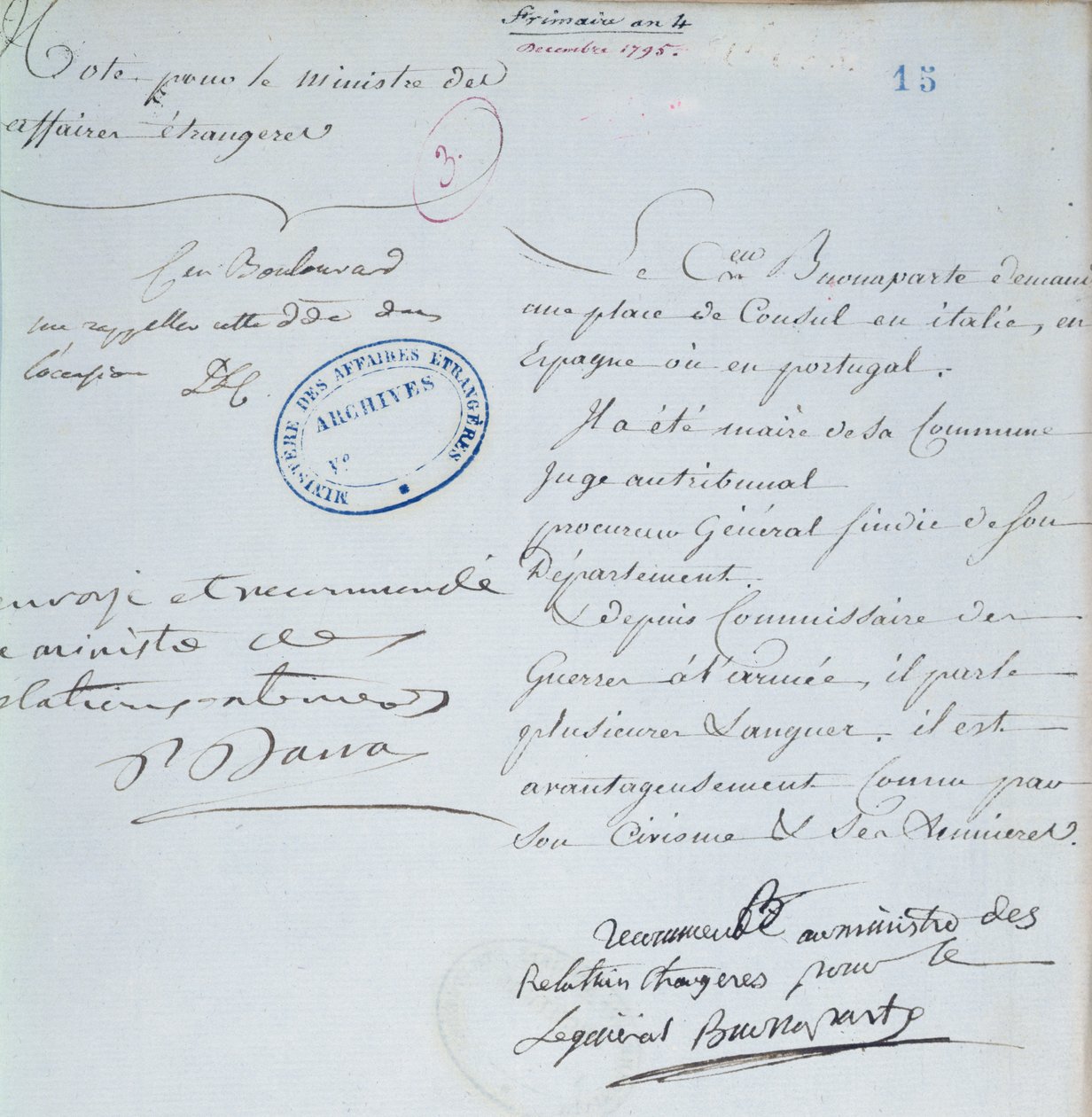 Napoleon Bonaparten (1769-1821) allekirjoittama suosituskirje veljelleen Josephille (1768-1844) joulukuuta 1795 tekijältä French School