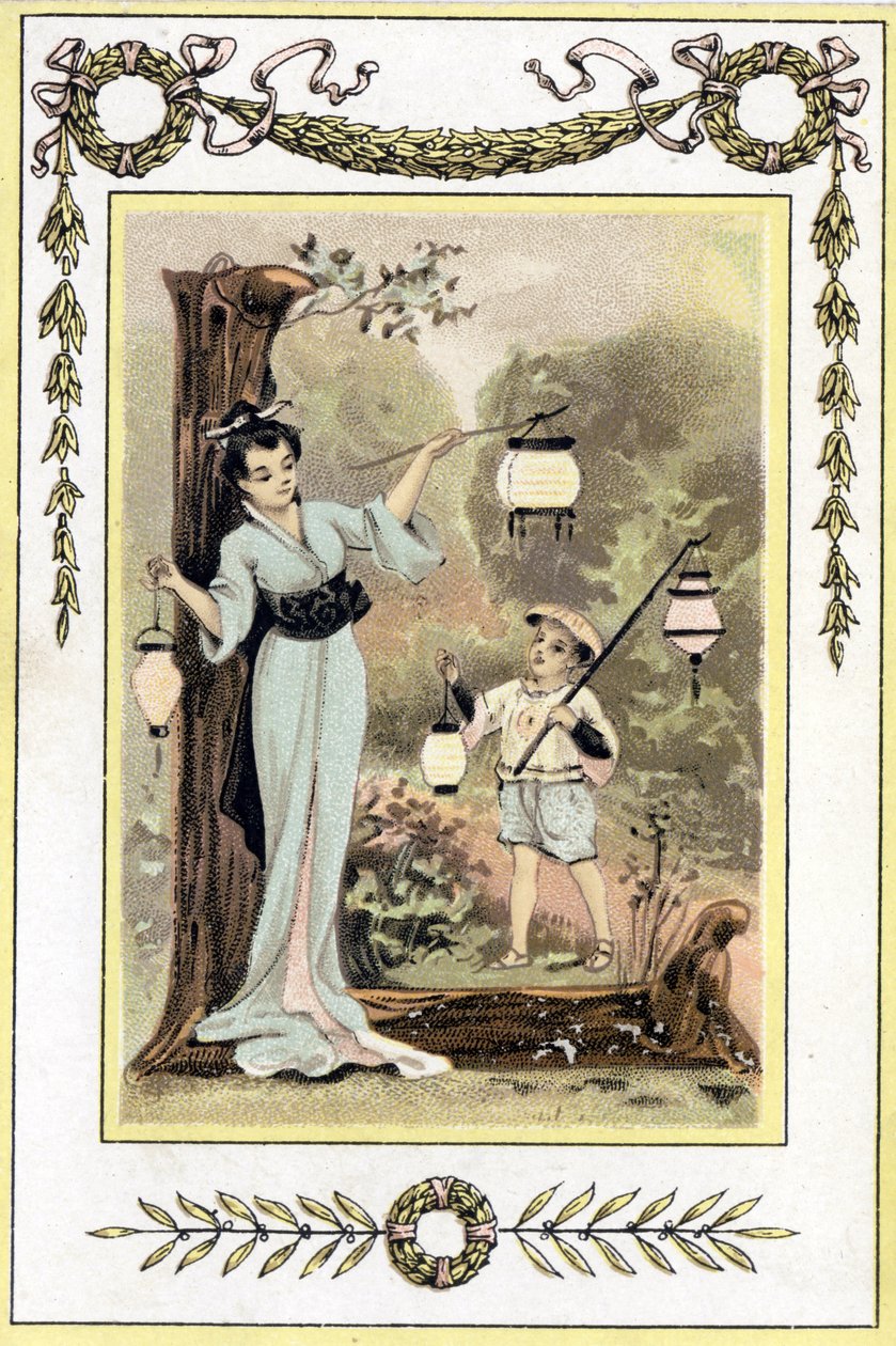 Kirje, joka esittää japanilaista äitiä ja hänen poikaansa lyhtyineen, 1800-luvun loppu (kromolitografia) tekijältä French School