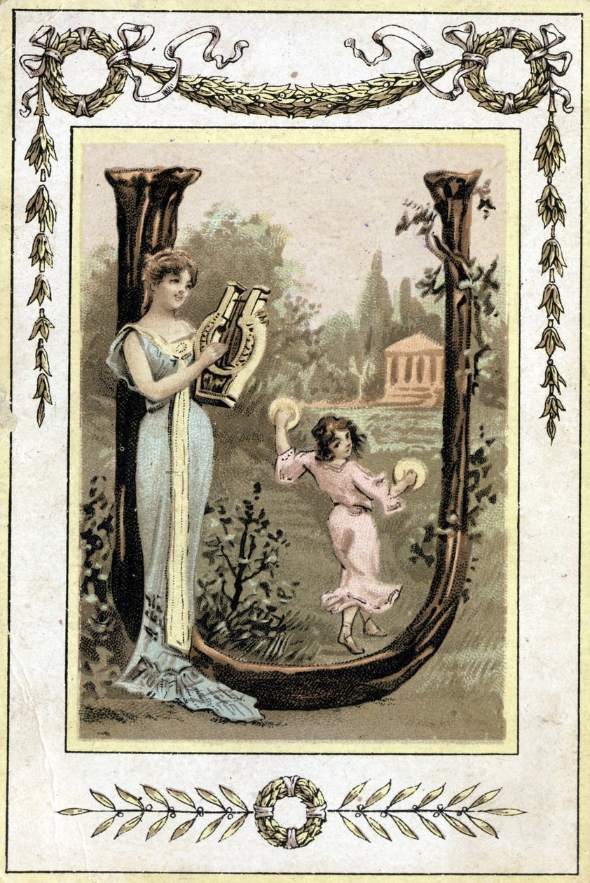 Kirje, joka esittää lyyraa soittavaa äitiä ja hänen tytärtään tanssimassa timpanilla, 1800-luvun loppu (kromolitografia) tekijältä French School