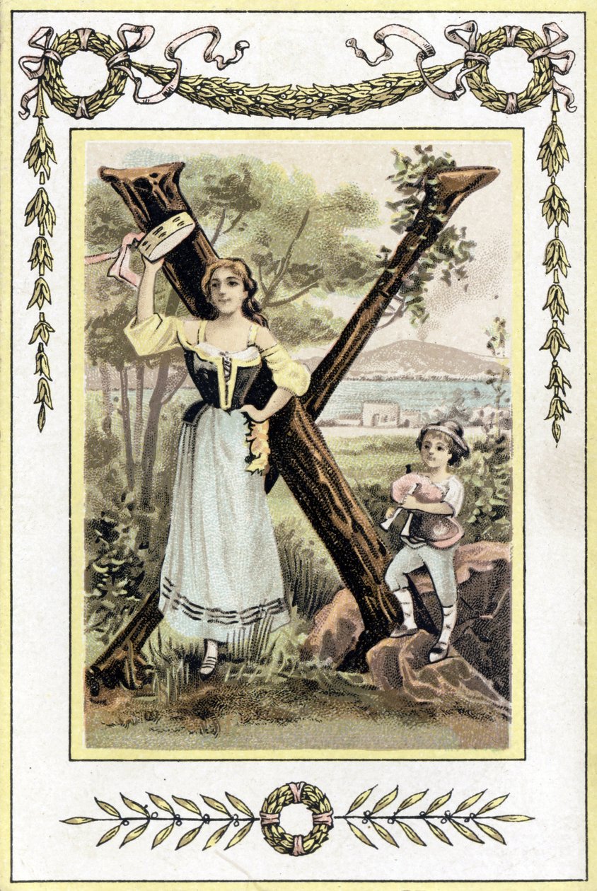 Kirje, joka esittää äitiä timpanilla ja hänen poikaansa säkkipillipaimenessa, 1800-luvun loppu (kromolitografia) tekijältä French School
