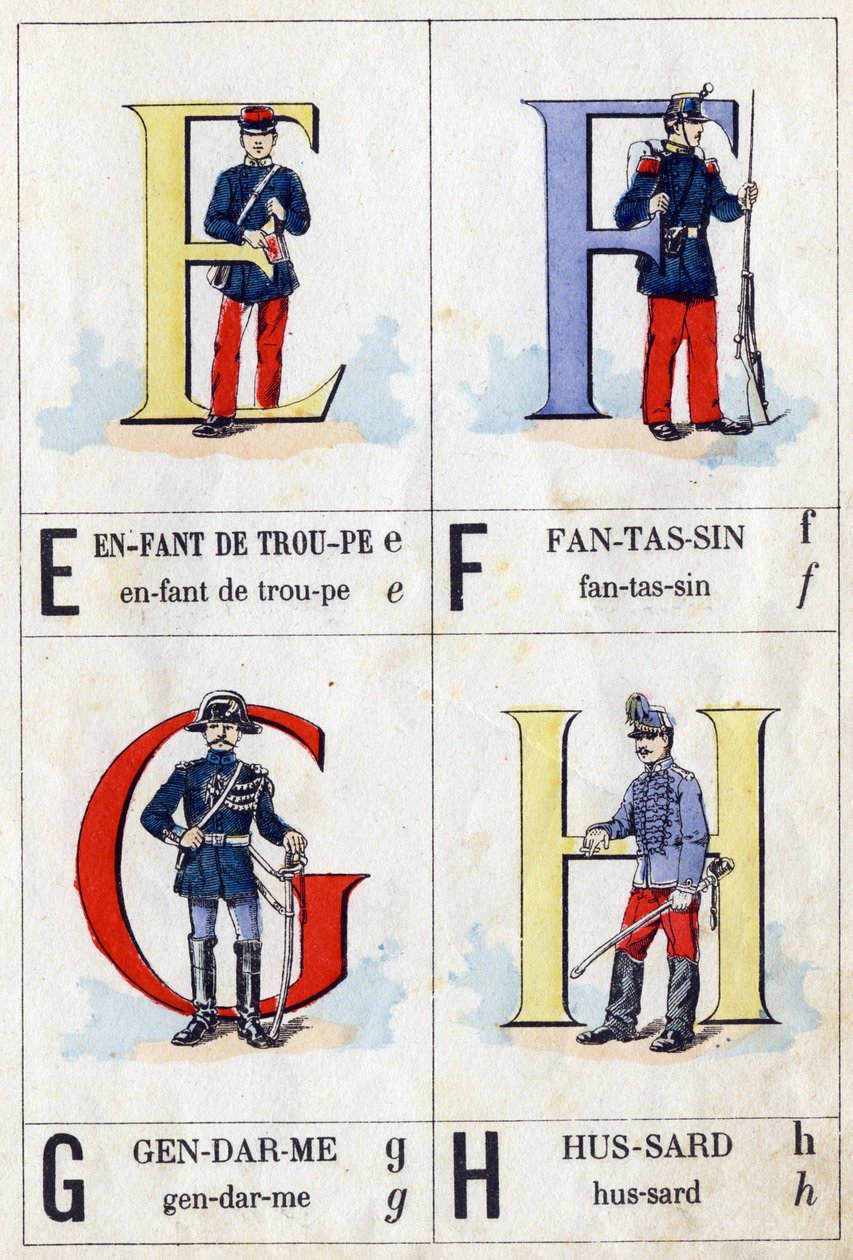 Kirjaimet E joukkolapsina, F jalkaväkenä, G jalkamiehenä ja H hussardina. ABC armeija. Epinalin kuvantaminen tekijältä French School
