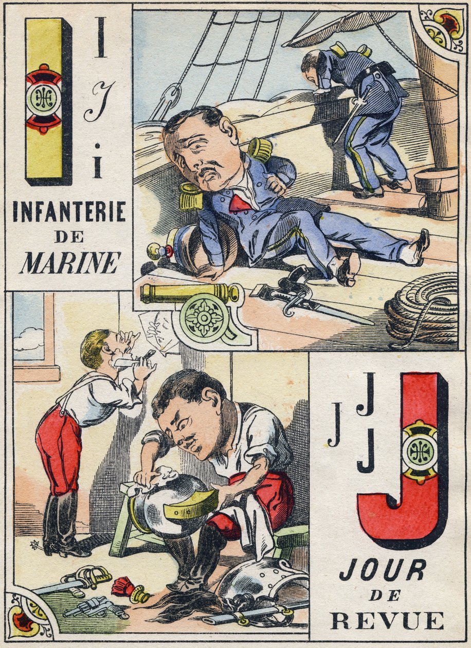 Letters I ja J: Marine Infantry and Review Day. Kaiverrus "Comic Military Alphabet". Viides sarja. Epinaalinen kuvantaminen. Pellerin ja Cie, tulostimet, Epinal, 1800-luvun loppu. 16 sivua. Mitat: 25 x 18,5 cm tekijältä French School
