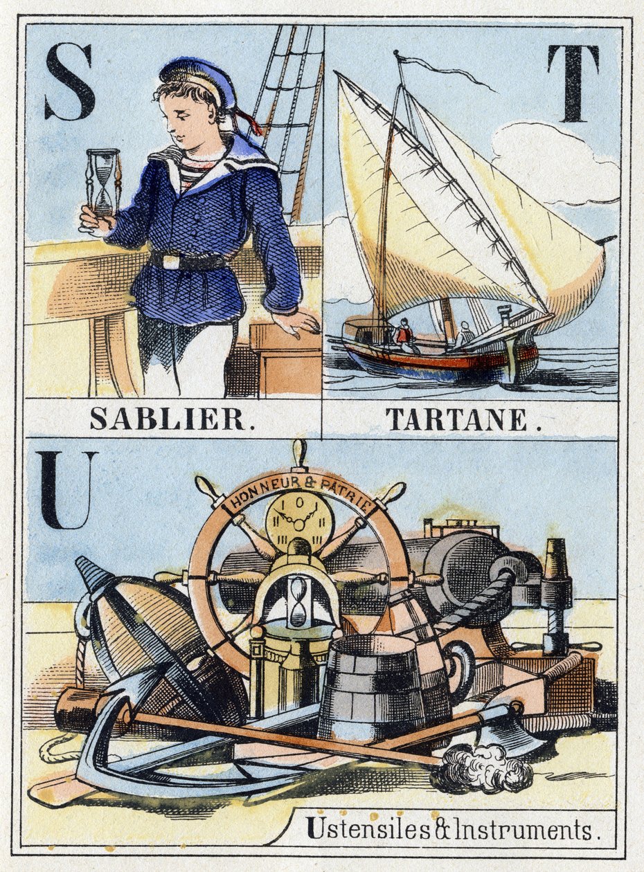 S-kirjaimet tiimalasina, T-kirjain tartaanina, U-kirjain astioita ja välineitä. Laivaston 16-sivuinen aakkoset isoilla kirjaimilla. Epinaalinen kuva, 1800-luvun loppu. Stenciloidut puukaiverrukset Mitat: 21x14,5cm tekijältä French School