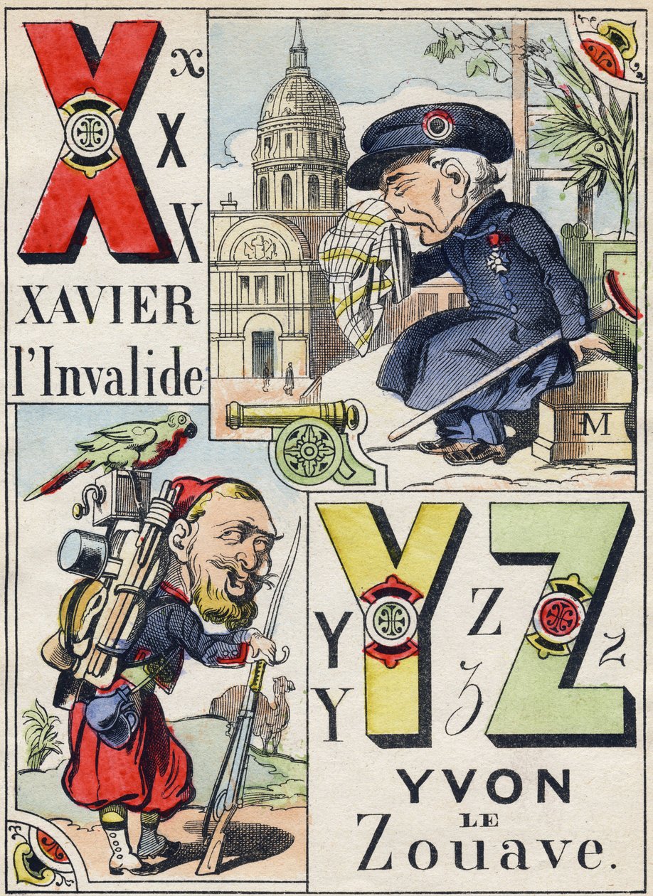 Kirjaimet X Y Z: Xavier the invalid ja Yvon the Zouave. Kaiverrus "Comic Military Alphabet". Viides sarja. Epinaalinen kuvantaminen. Pellerin & Cie, tulostimet, Epinal, 1800-luvun loppu. 16 sivua. Mitat: 25 x 18,5 cm tekijältä French School