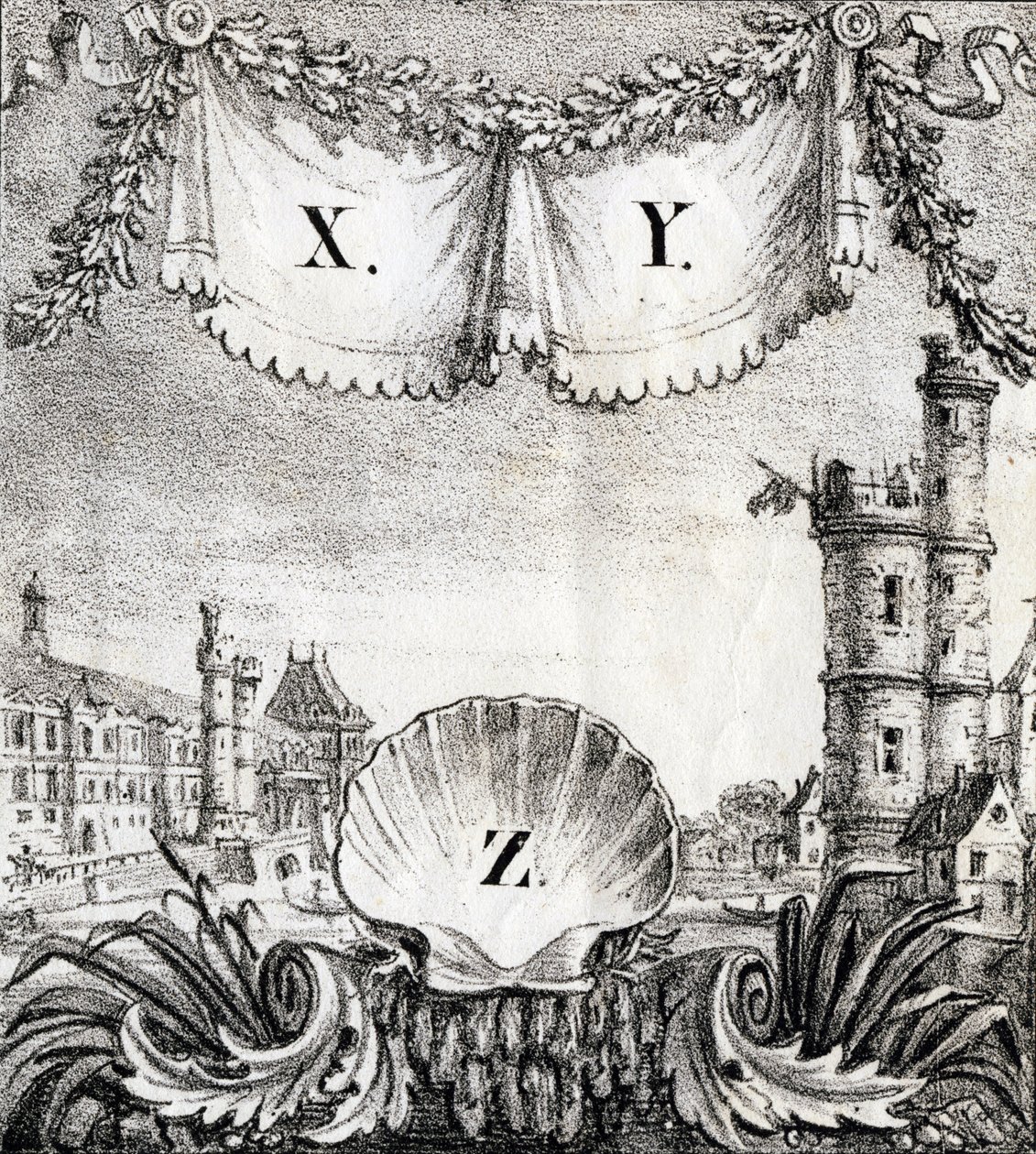Kirjaimet X, Y ja Z: Pariisi vuonna 1500 - "Alphabet Picturesque des Monumens de Paris" noin 1840 (kaiverrus). tekijältä French School