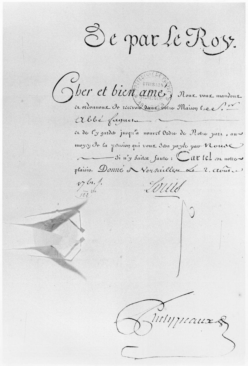 Kuningas Ludvig XV:n kirje Abbe Faguerin vangitsemiseksi, 2. elokuuta 1761 (kynä ja muste paperille) tekijältä French School