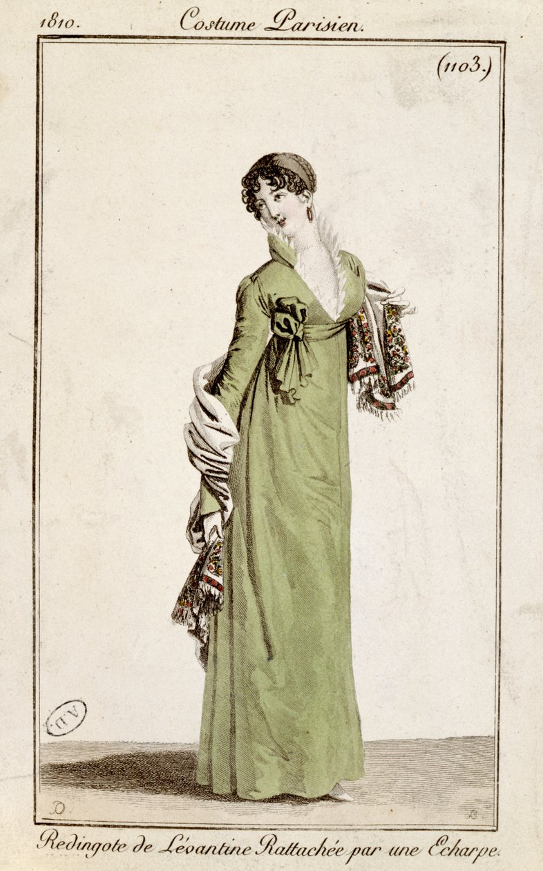 Levantine takki, joka kiinnitetään huivilla, muotilautanen Costume Parisien, 1810 tekijältä French School