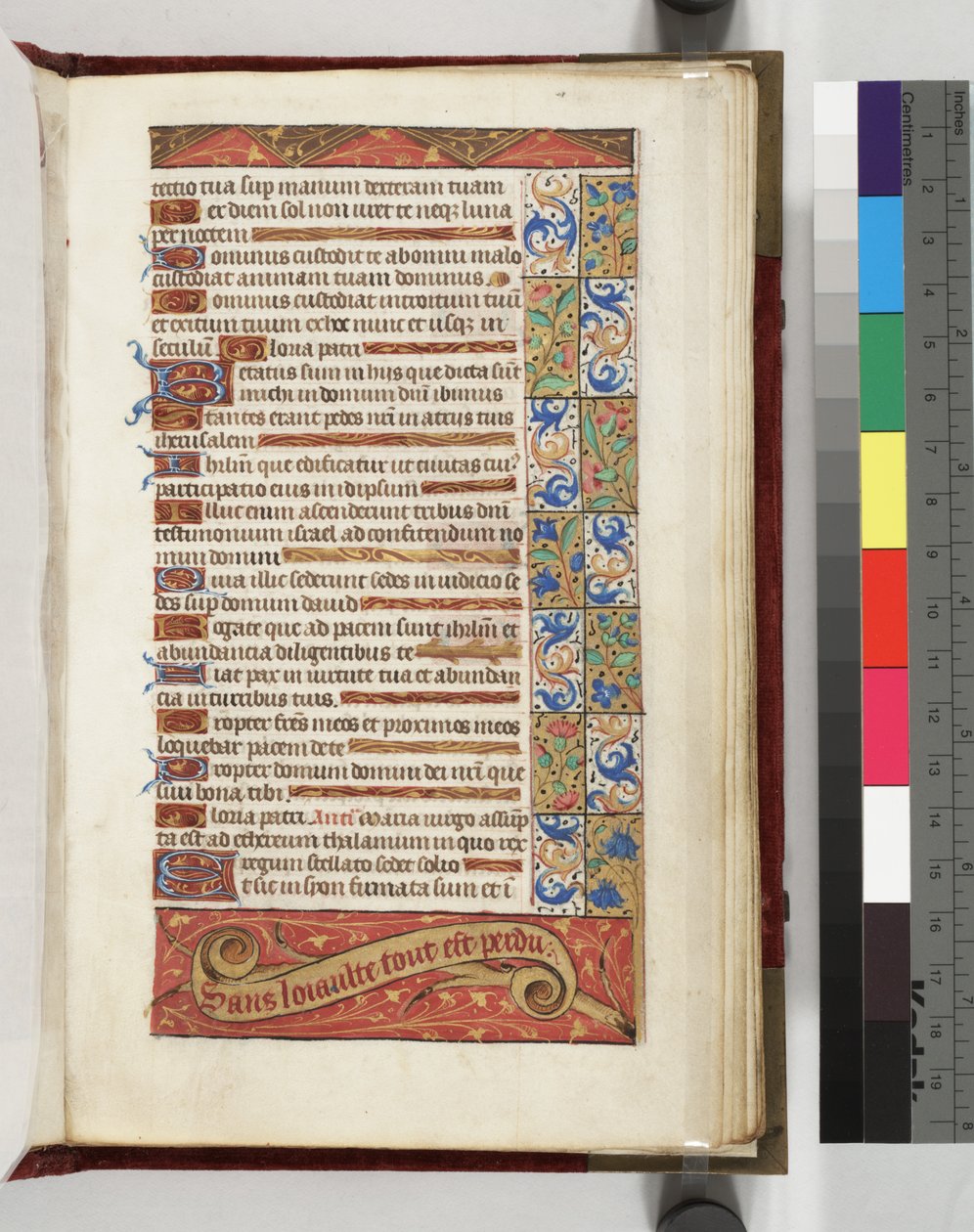 Lewis E 113 f.20r Koristeltu tekstisivu mottolla Without Loyalty all is Lost, 1500-15 tekijältä French School