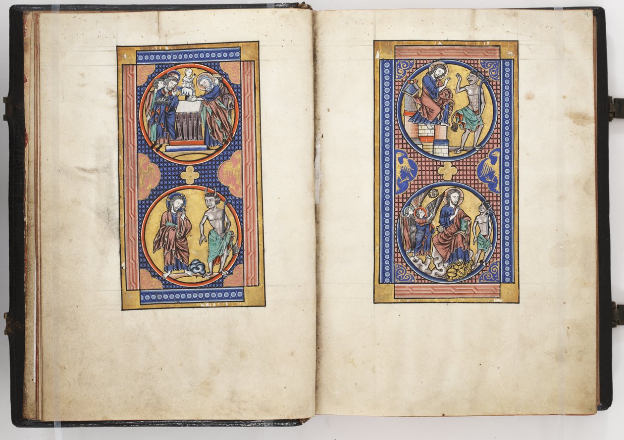 Lewis Psalter ff.8v-9r, Esitys temppelissä ja Kristuksen kolme kiusausta, n. 1225-1240 (tempera ja kulta persulla) tekijältä French School