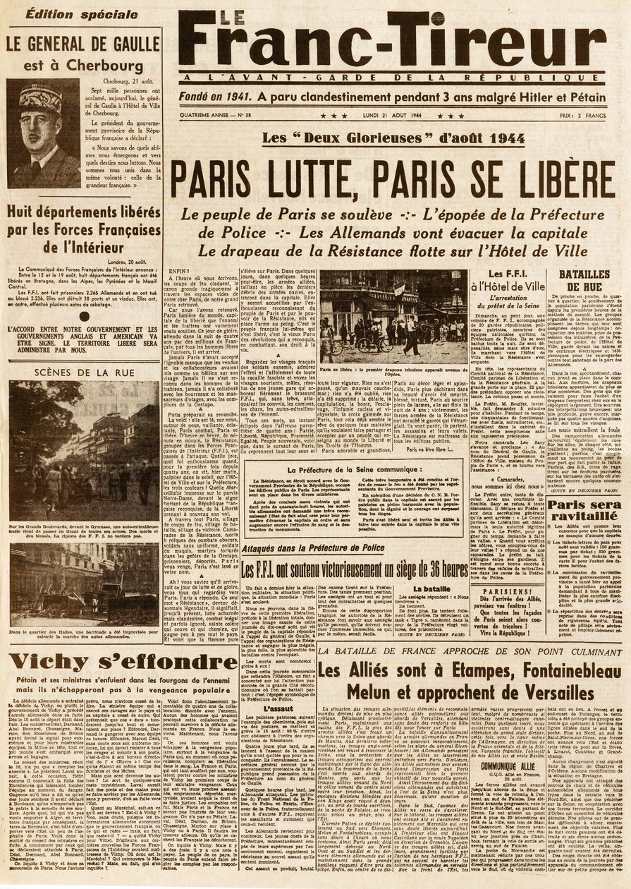 Pariisin vapauttaminen - FRANC TIROUR numero 38, 21. elokuuta 1944 - Pariisin taistelut, paris ce libere tekijältä French School