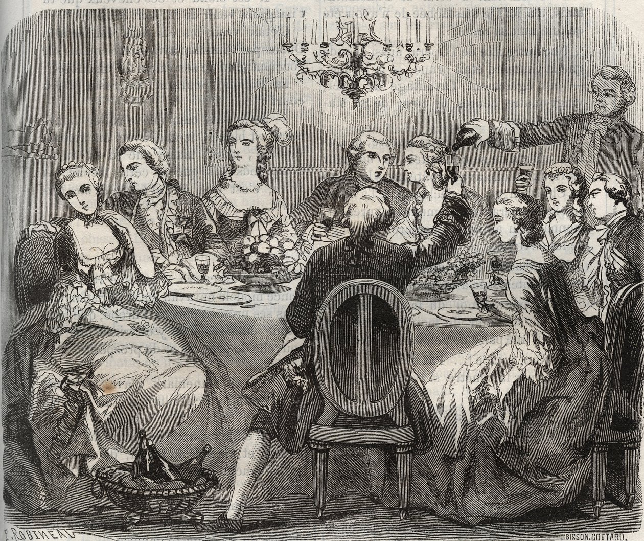 Libertinage: Christian VII (1749-1808), Tanskan ja Norjan kuningas tanssija Marie Madeleine Guimardin (1743-1816) järjestämän vapaapäivän aikana Pantinin talossaan. Kaiverrus vuodelta 1871 Henry de Kockin (1819-18) teokseen "Histoire Des Cocus Celebres" tekijältä French School