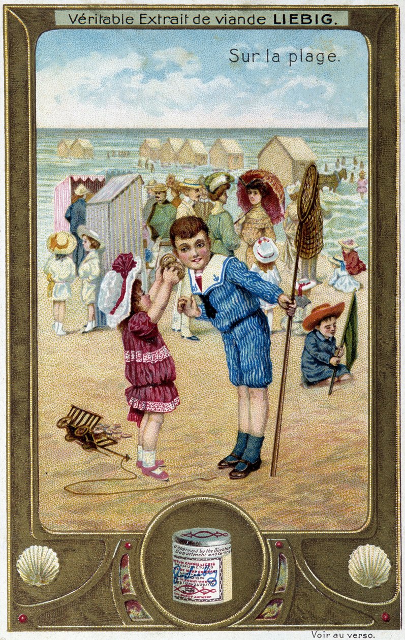 Liebigin kromolitografiasarja "Beach Game" lasten. sd. 1800-luku tekijältä French School