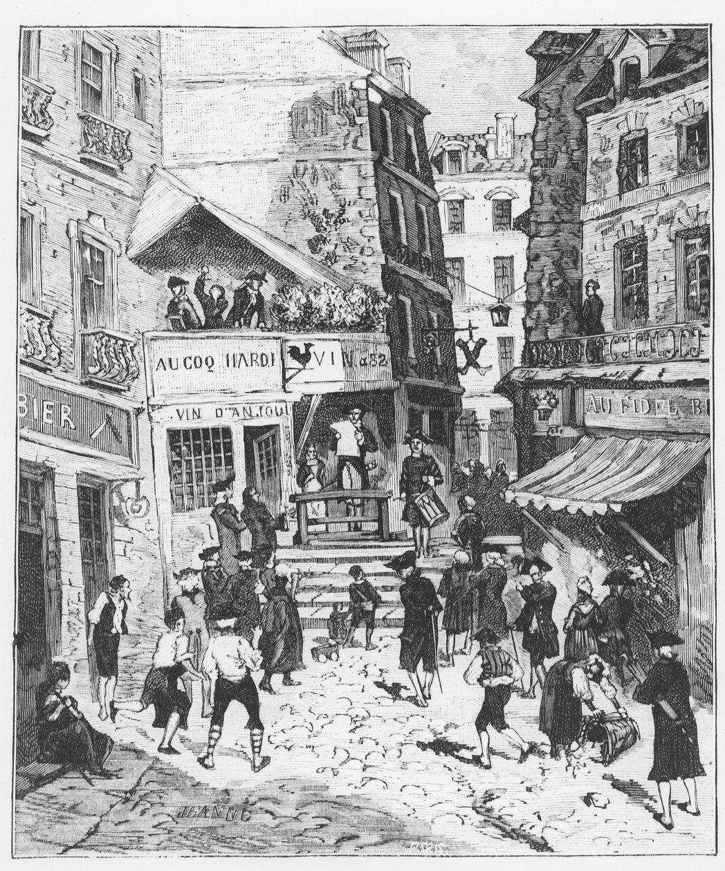 Elämä Pariisissa Ludvig XV:n alaisuudessa: Pariisin prevottien ja echevinien määräys luettiin ja julkaistiin rummun äänessä - Gerouillacin teoksessa "Paris a travers les centuries" tekijältä French School
