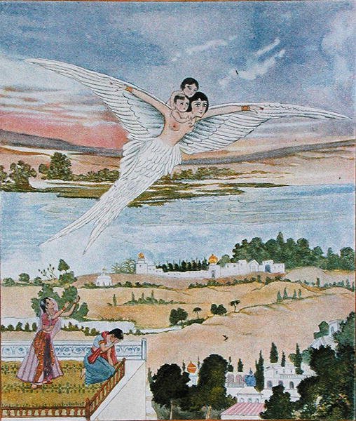 Kahden pienen nostaminen ilmaan, kuvitus elokuvasta Arabian Nights tekijältä French School