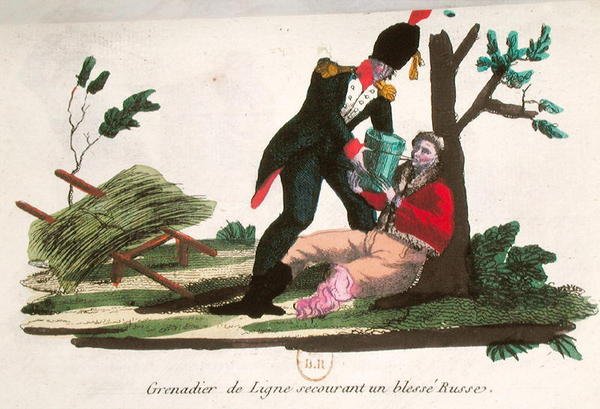 Linjakranaatteri auttaa loukkaantunutta venäläistä sotilasta (värillinen kaiverrus) tekijältä French School