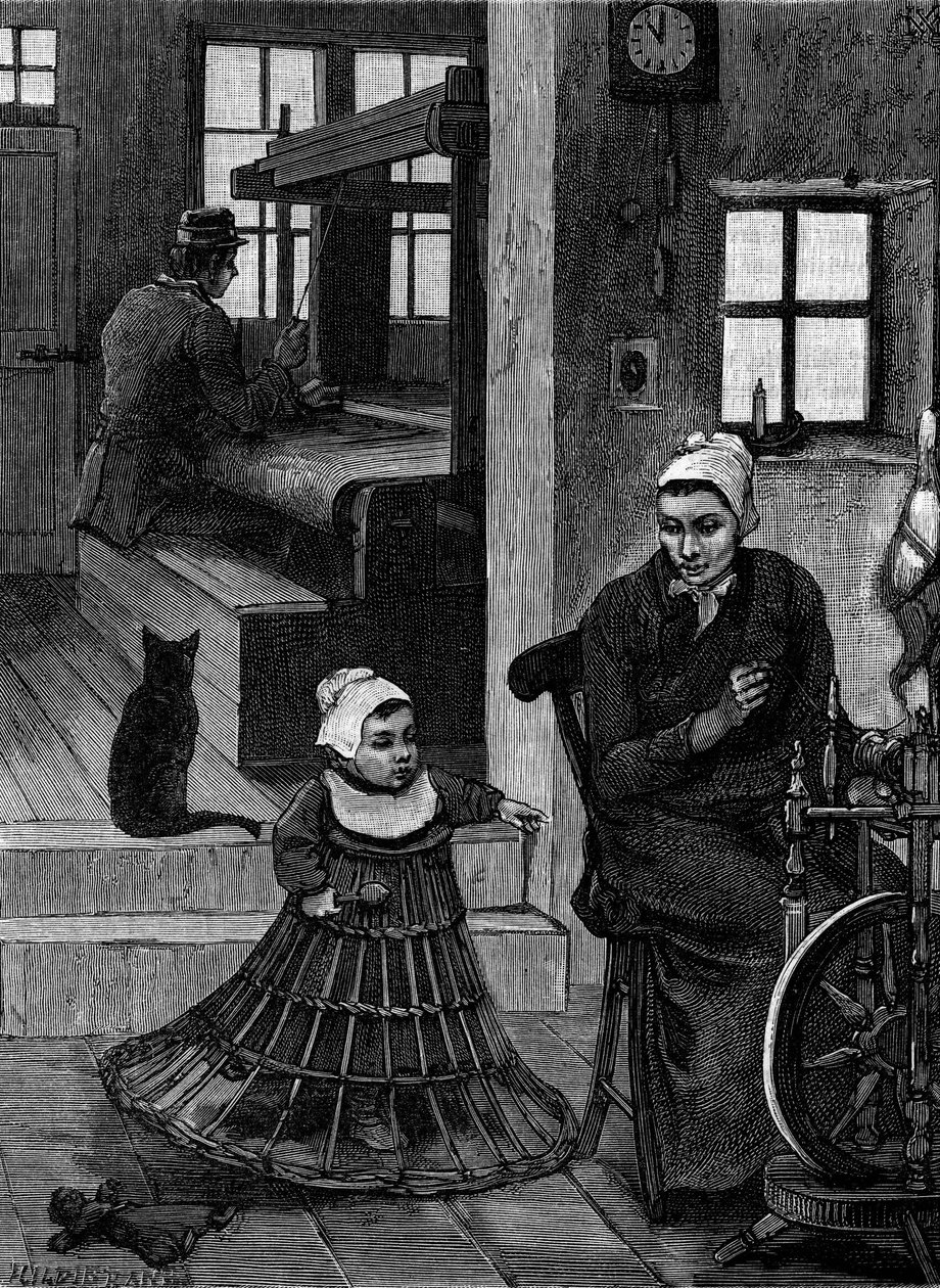 Pellava: kutojan sisustus kutojalla ja kehruupyörällä. Kaiverrus "" Le Journal de la jeunesse "" tekijältä French School