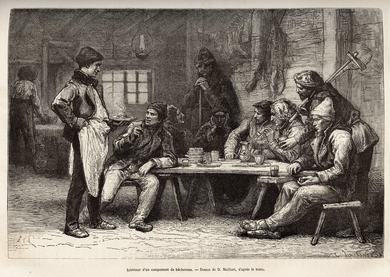 Woodcheron-leirin sisustus Ontariossa, kaiverrus D.Maillardin piirustuksen mukaan, joka havainnollistaa retkiä Kanadaan ja Northern Red Riveriin, H. De Lamotte, vuonna 1873, julkaistu "" Le world tour"" -lehdessä 1875 , editoi Edouard tekijältä French School