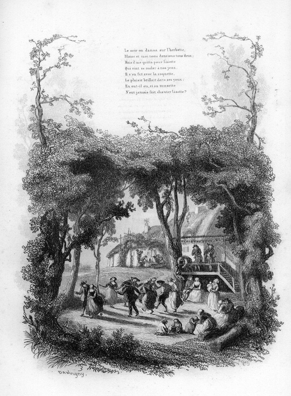 Lisette laulu. Juhli ja tanssi kylässä maaseudulla. Kaiverrus "" Chants et chansons populaire de la France"", Tome 2 tekijältä French School