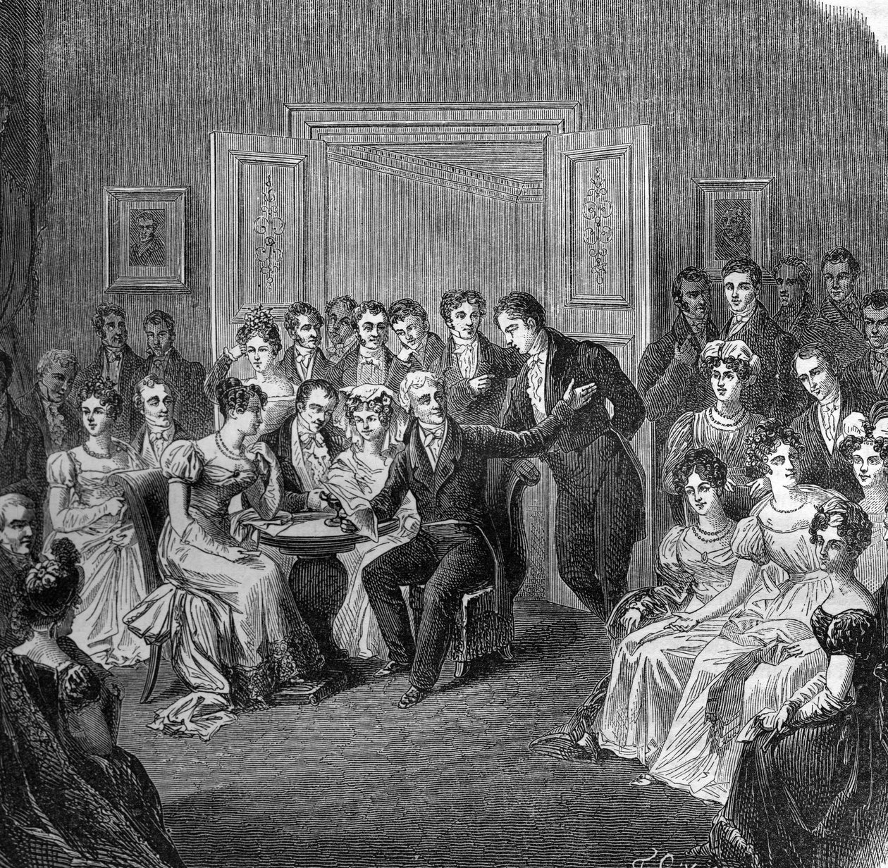 Kirjallisuussalonki 1800-luvulla: Francois Auguste Parceval de Grandmaison (Parceval Grandmaison, Parceval-Grandmaison) (1759-1834) lukee jakeita runostaan "Philippe Auguste" Larochefoucauldin vanhan hotellin loungessa vuonna 1824. Kaiverrus alkaen tekijältä French School