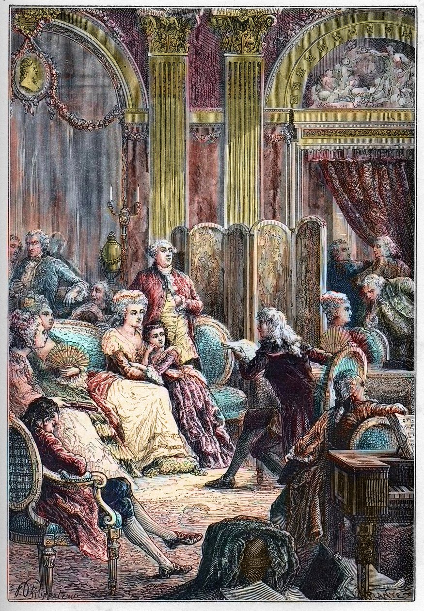 Kirjallisuussalonki - Jacques-Henri Bernardin of Saint-Pierre (Saint Pierre) lukee "" Paul ja Virginie" Madame Neckerin salongissa Pariisissa - yhdessä rouva Neckerin kanssa, hänen miehensä Jacques Neckerin ja tyttärensä Germainen, myöhemmin rouva de Stael tekijältä French School