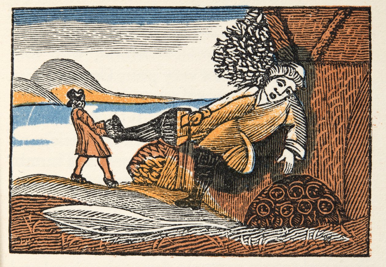 Little Thumb from Histories or Tales of Past Times, kertoo Mother Goose, Morals, M Perrault, pub. 1925 (käsinvärinen puupalikkaprintti) tekijältä French School