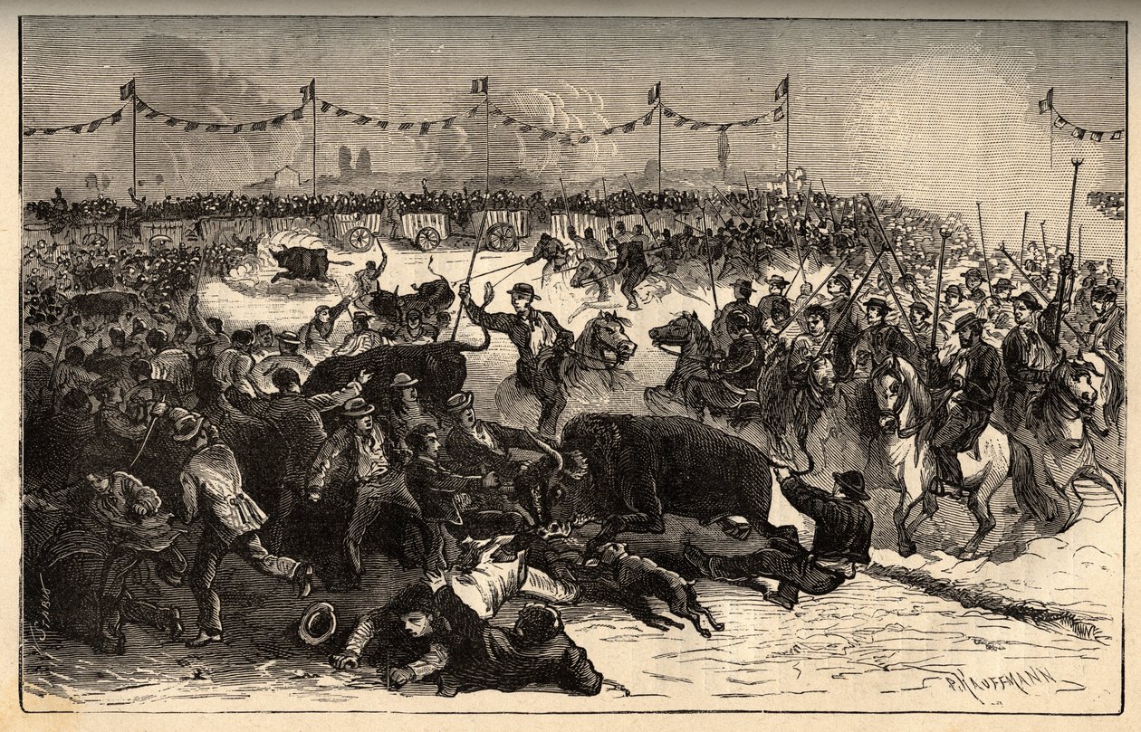 Karjan brändäys - La ferrade en Camargue (juhlat järjestetään marquarge au fer rouge du cattle -tapahtuman aikana) - kaiverrus sanalla "" PATRIE" - PECTUREQUIREQUE RANSKAN KUVAUS 6 NITEESSÄ LUCIEN HUARDIN TEKIJÄ - 1800-luvun loppu tekijältä French School