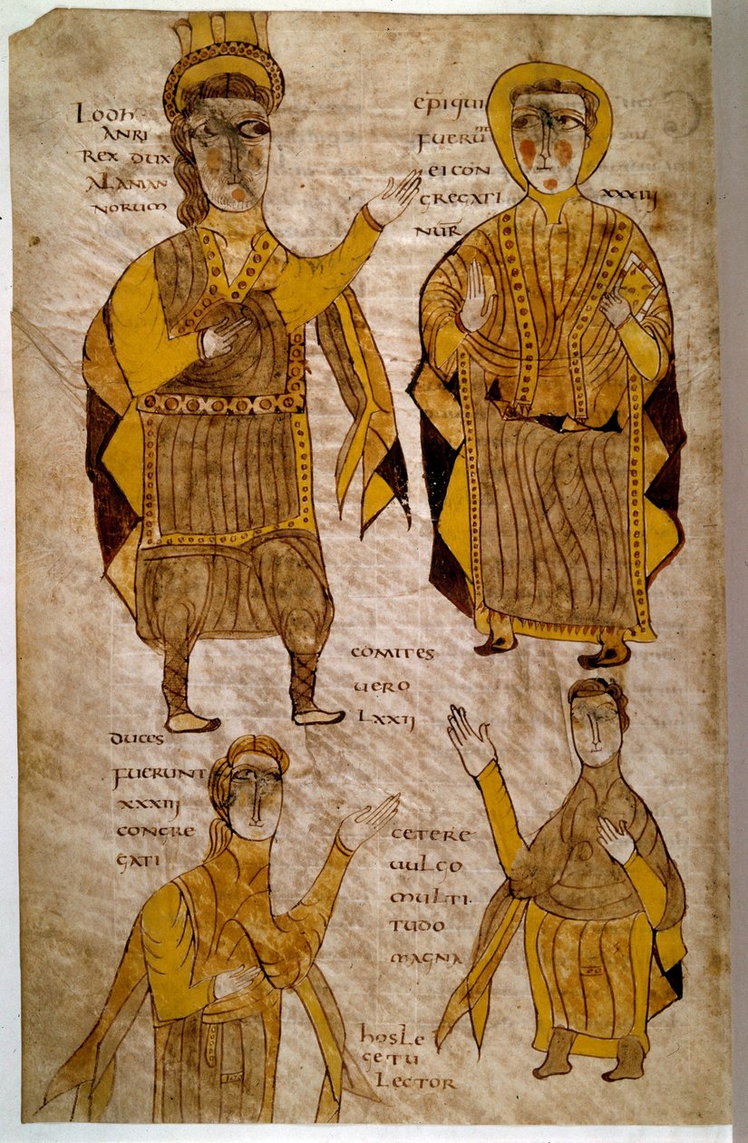 Alamaanien kuningas Lodhanri (tai alemaanit: germaanilainen heimo) ympäröi evequea, herttua ja kreiviä. Käsikirjoitus ""Breviary of Alaric ja muut lakitekstit"" (folio 197v), Ranska, Vallee de la Loire (?), 803-814. Paris, B N tekijältä French School