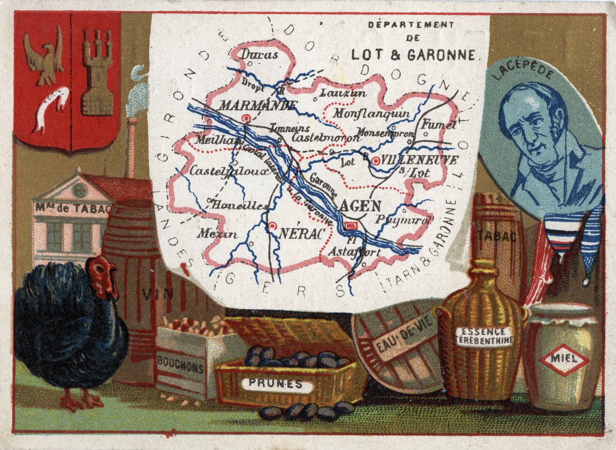 Lot ja Garonne (Lot-et-Garonne, 47), Aquitaine, Ranska. Tupakkatehdas, kalkkunankasvatus, viini, korkit, luumut, konjakki, bentsiini. Lacepeden (tai de la Cepeden) kreivin Bernard Germain Etienne de Laville-sur-Illonin muotokuva tekijältä French School
