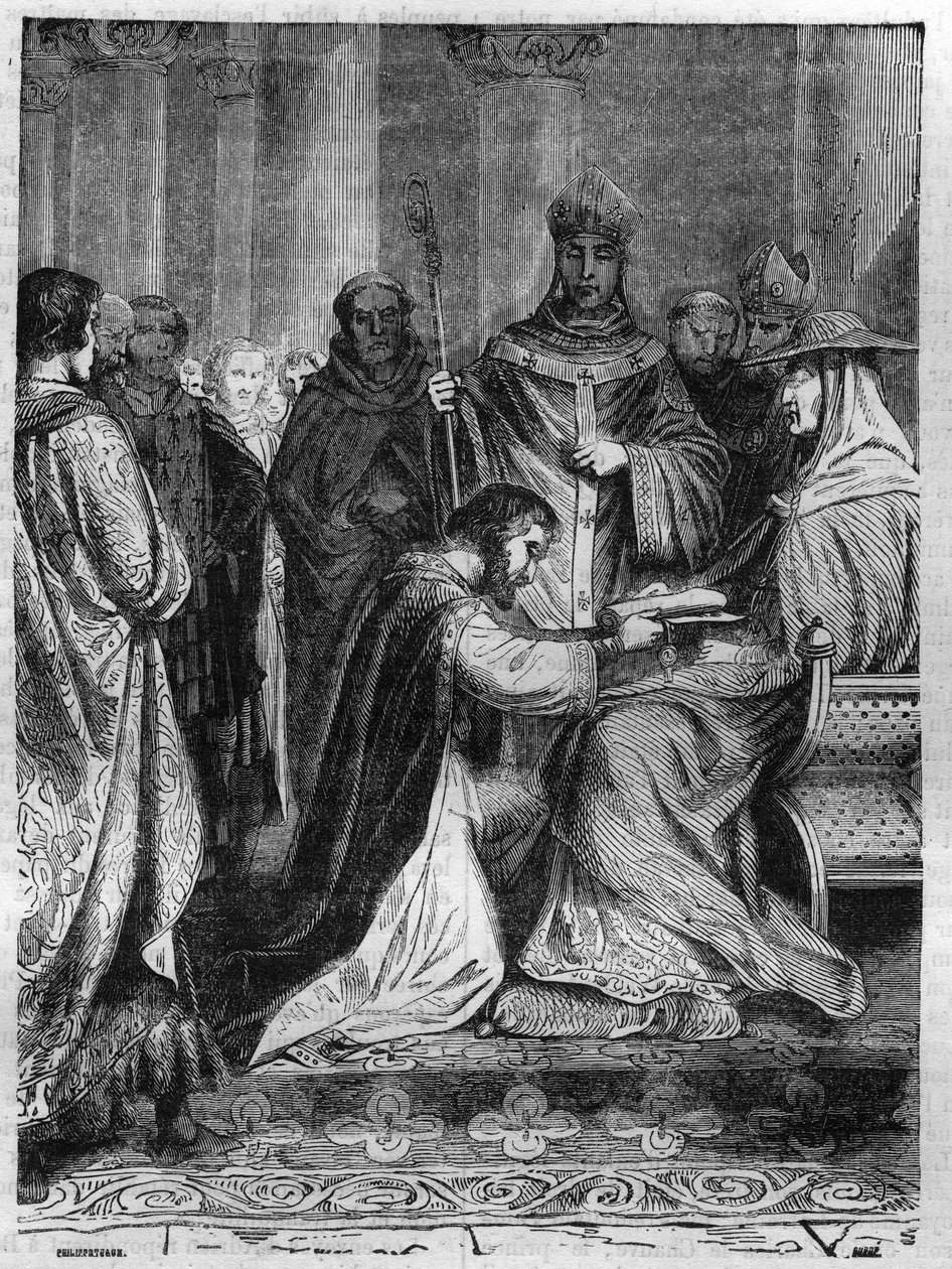 Lotharia I (795-855) paavi Adrianus II:n (792-872) jaloissa. Kaiverrus Maurice Lachatren teokseen "Paavien-kuninkaiden-kuningattaren ja keisarien historia vuosisatojen ajan" tekijältä French School