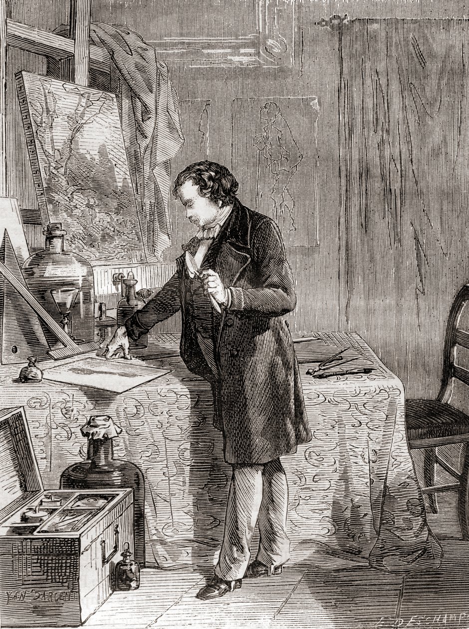 Louis-Jacques-Mandé Daguerre keksii daguerrotyyppisen valokuvausmenetelmän 1800-luvulla, julkaisusta Les Merveilles de la Science, noin 1870 (kaiverrus). tekijältä French School