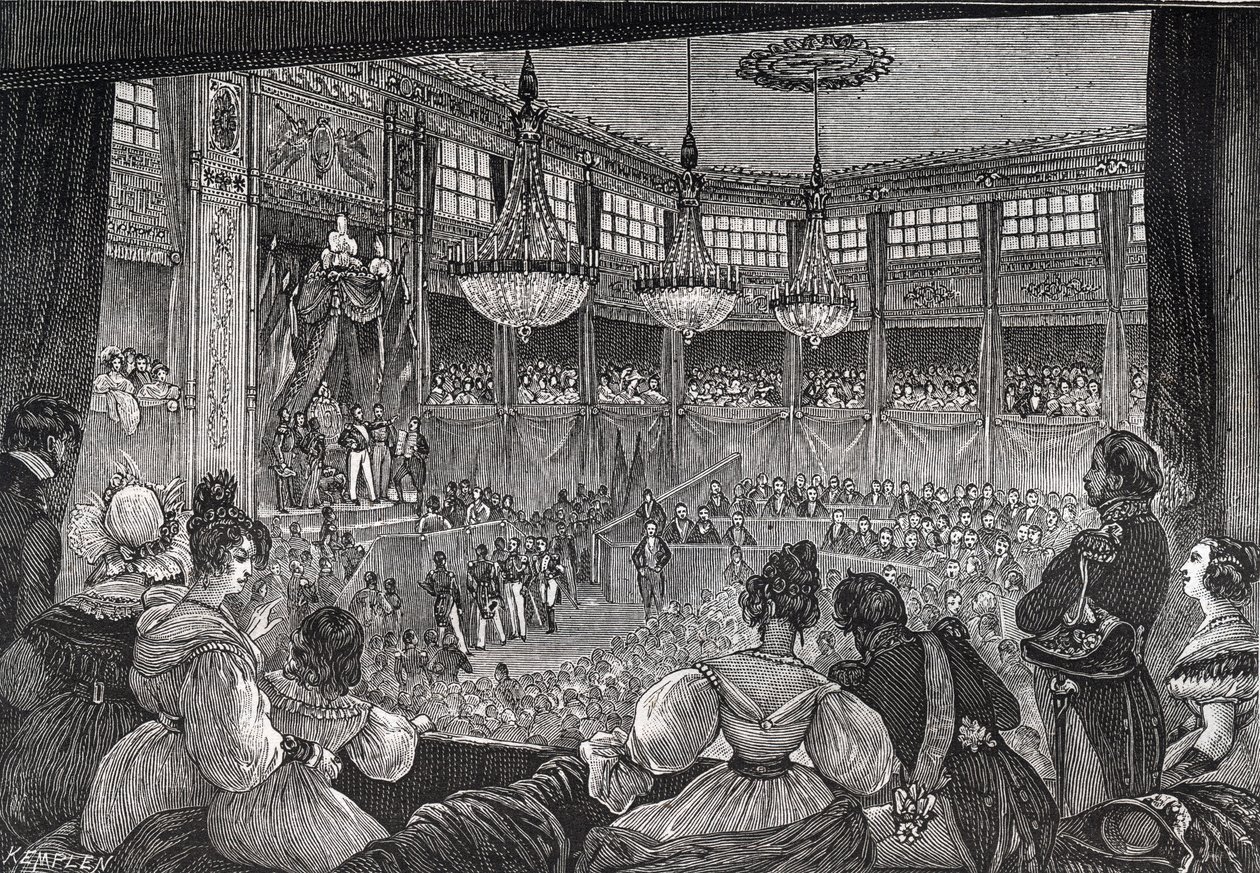 Louis-Philippe I vannotaan kuninkaaksi edustajainhuoneen edessä, 9. elokuuta 1830 - Vuoden 1830 vallankumous: "" Kuningas Ludvig Philippe I (1773-1850) vannoi pitävän voimassa vuoden 1830 peruskirjaa jaostojen läsnäollessa. Pa:n väliaikainen sali tekijältä French School