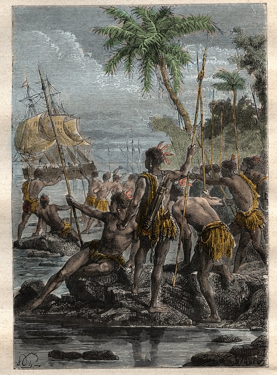 Louis Antoine, Bougainvillen kreivi (1729-1811) saapui Ile des Lanciesille (Ranskan Polynesia) vuonna 1768 - kuva otettu teoksesta "1700-luvun suuret merenkulkijat" tekijältä French School