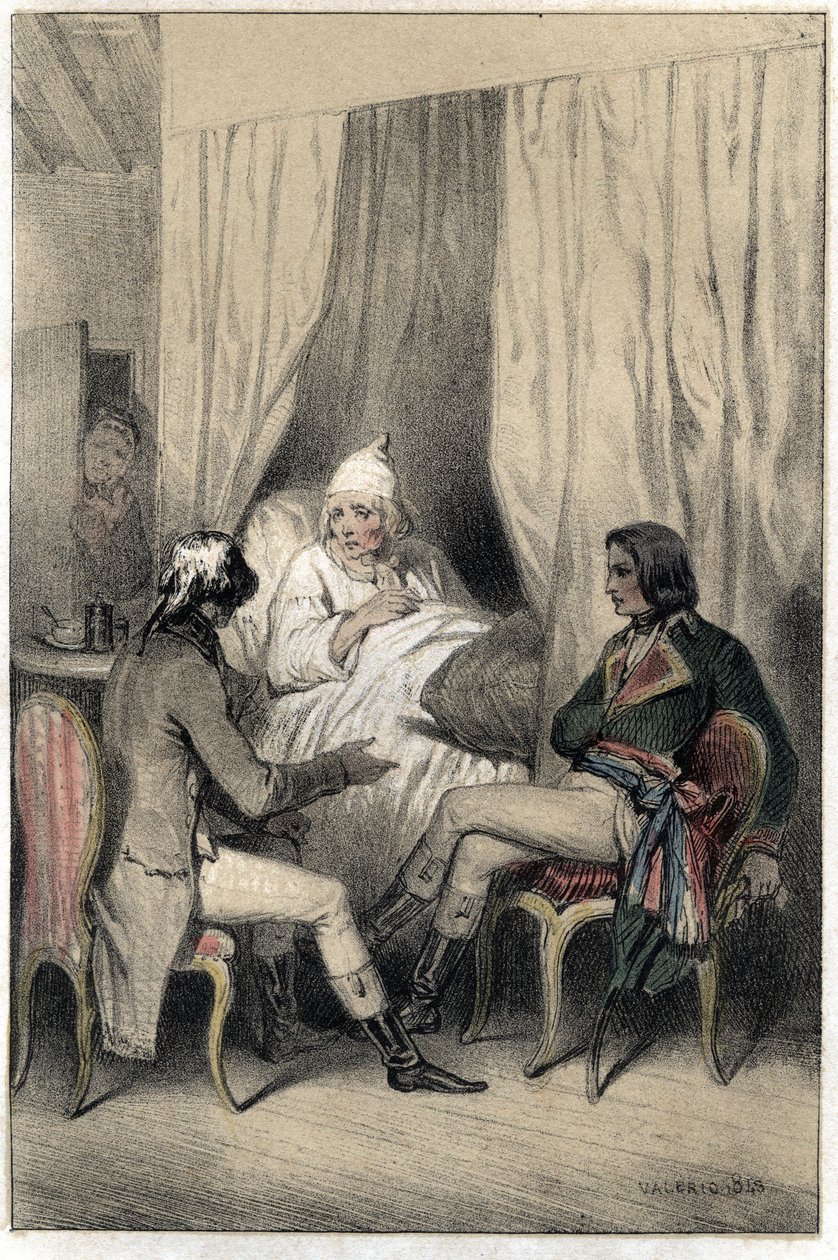 Louis Antoine Fauvelet de Bourienne (1769-1834), ranskalainen diplomaatti ja hallintovirkailija, ja kenraali Napoleon Bonaparte (1769-1821) pyysivät sairaalta vanhalta kapitalistilta rahaa Italian kampanjaan. Levy otettu kaiverruksesta "" Scenes de la vie  tekijältä French School