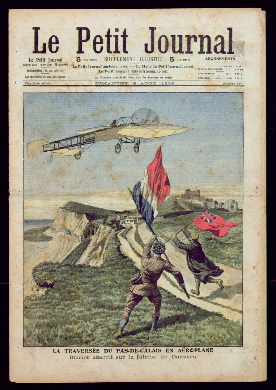 Louis Bleriot (1872-1936) laskeutui Doveriin, "Le Petit Journal", 8. elokuuta 1909 (värillinen kaiverrus) tekijältä French School